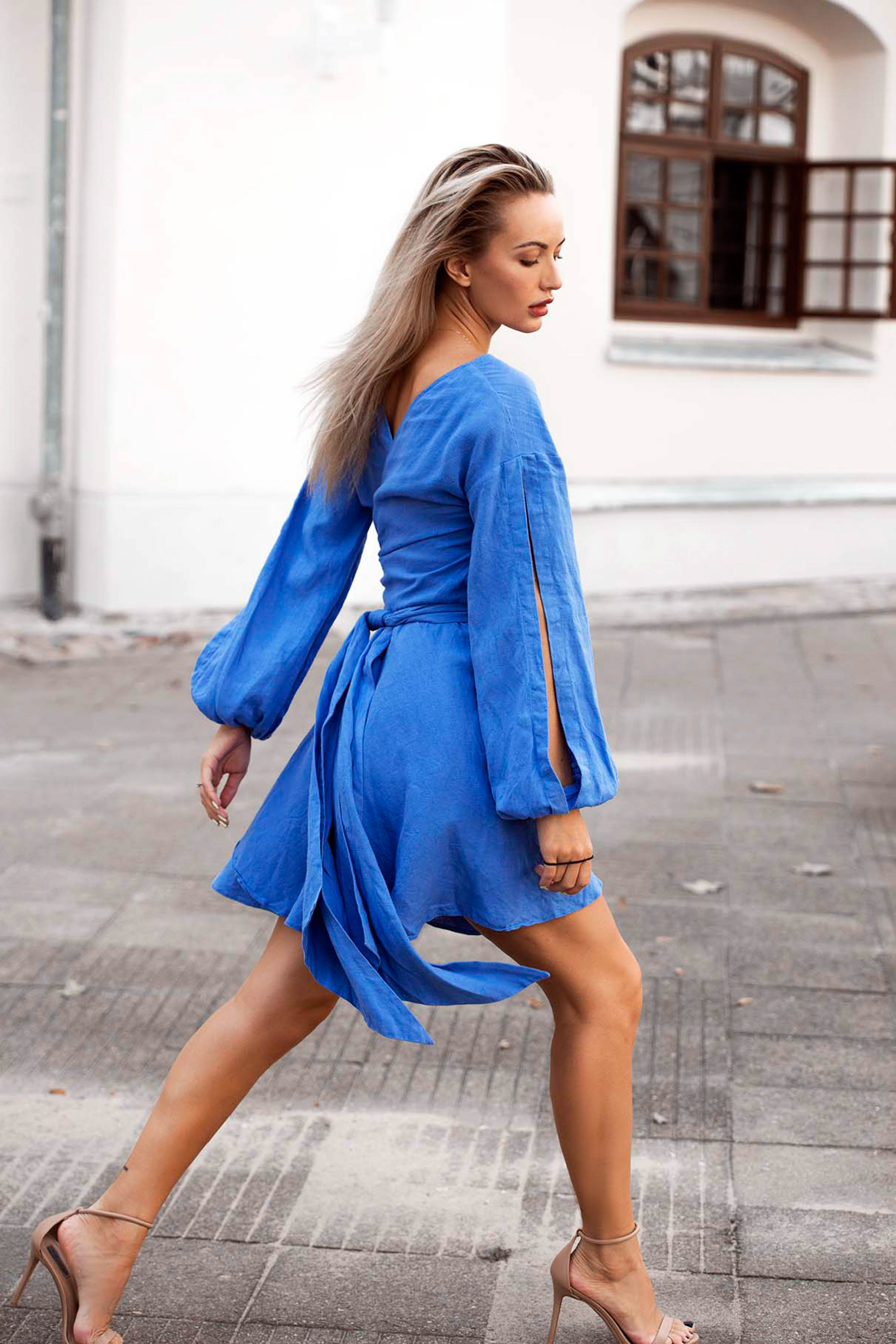 Blue linen wrap-over dress "Lille"