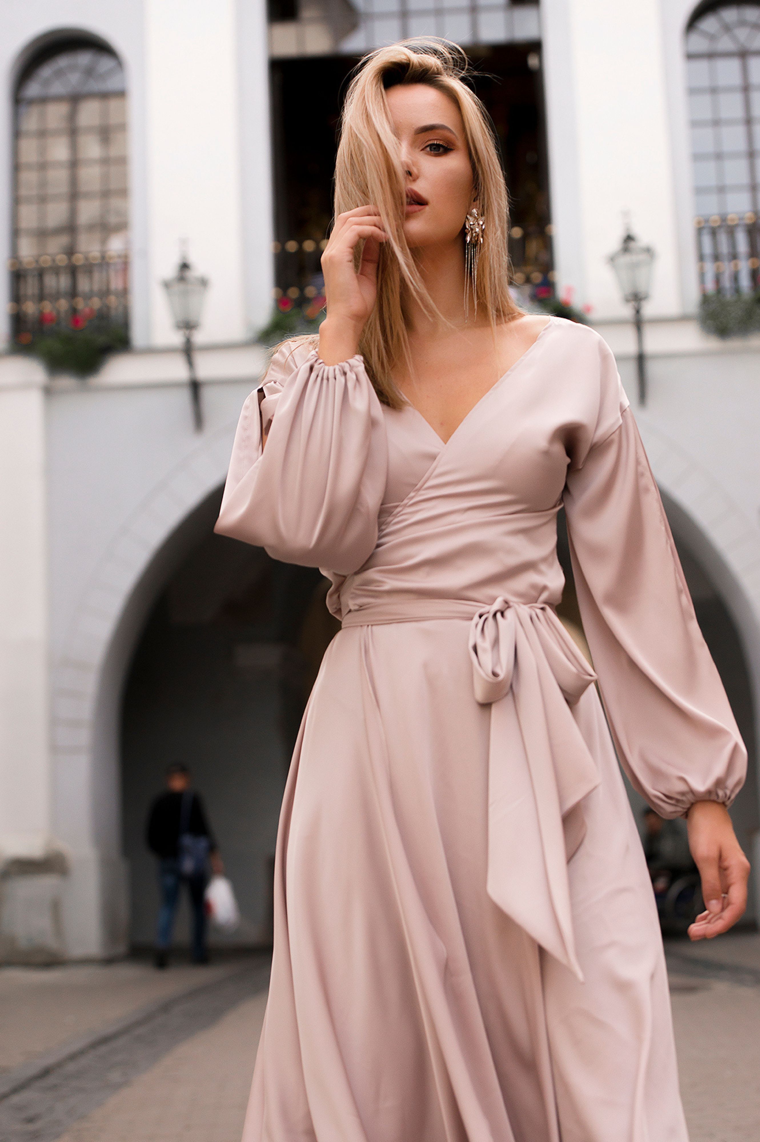 Cappuccino silky wrap-over dress "Lille"