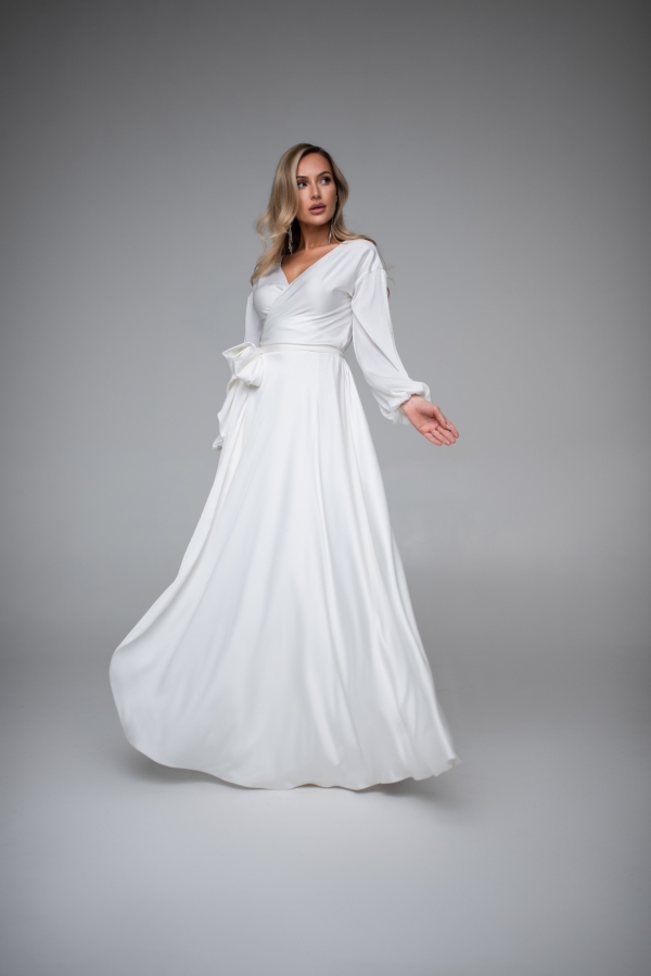 Long milk white silky wrap-over dress "Lille"