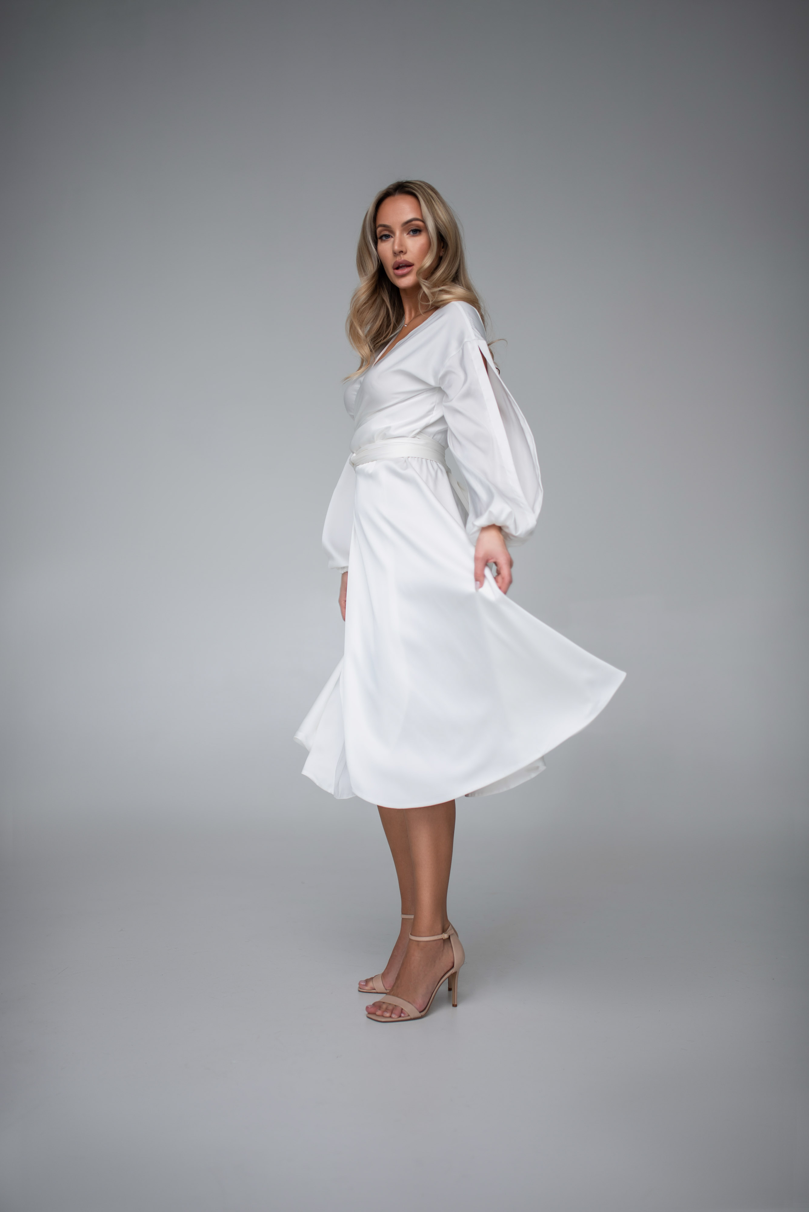 Milk White silky wrap-over dress "Lille"