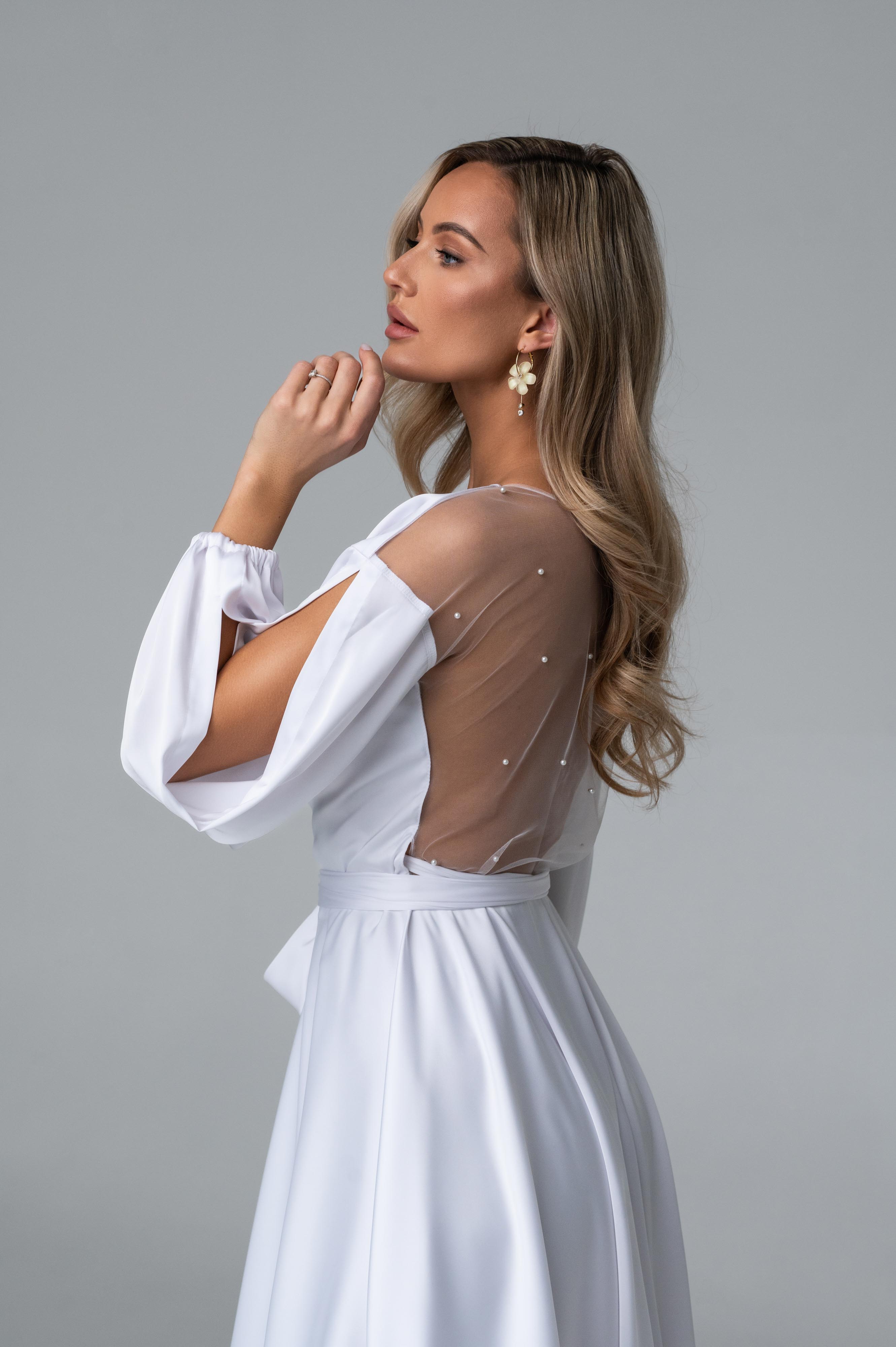 White silky wrap-over dress "Lille" with beads