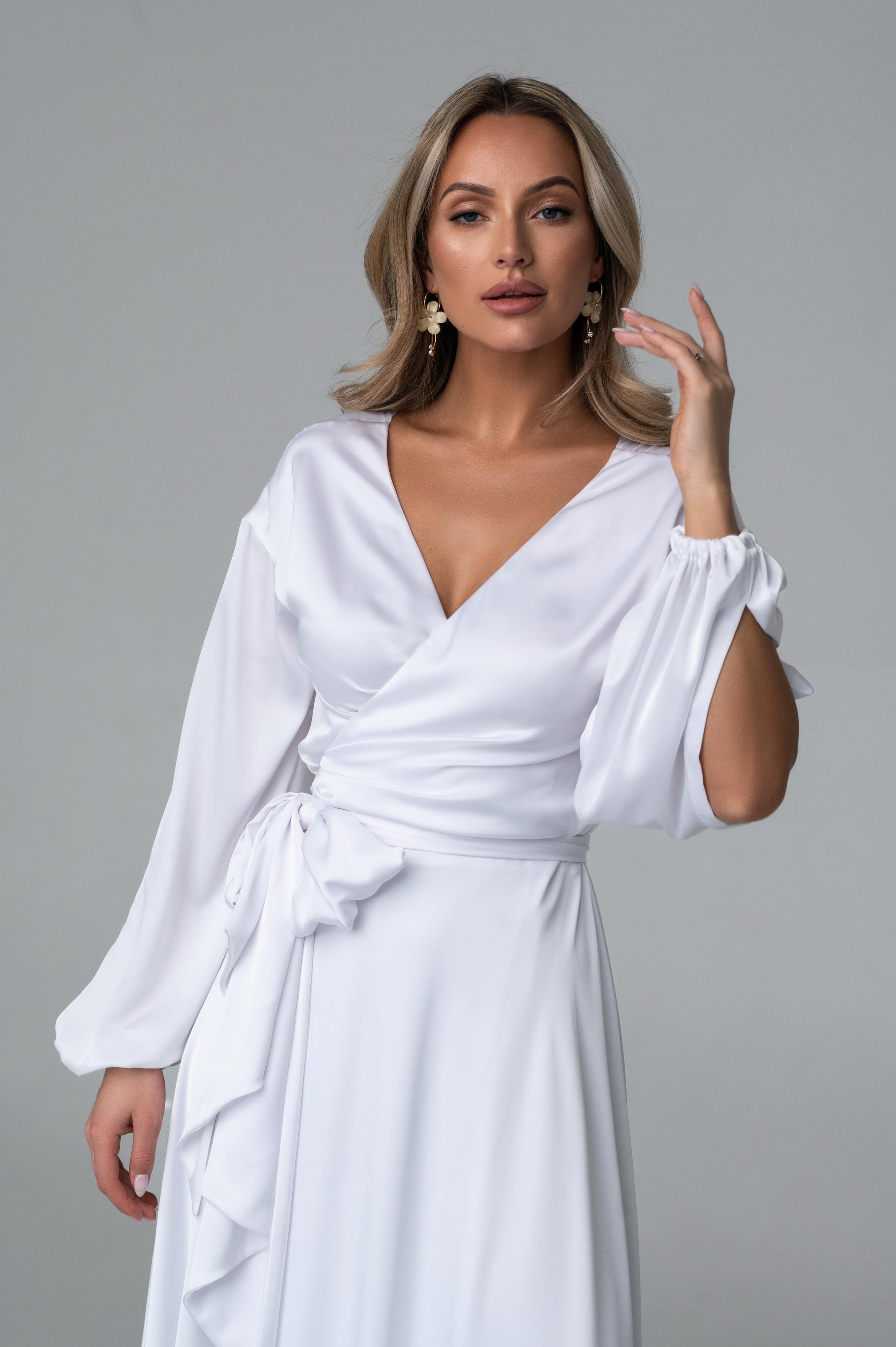 White silky wrap-over dress "Lille"