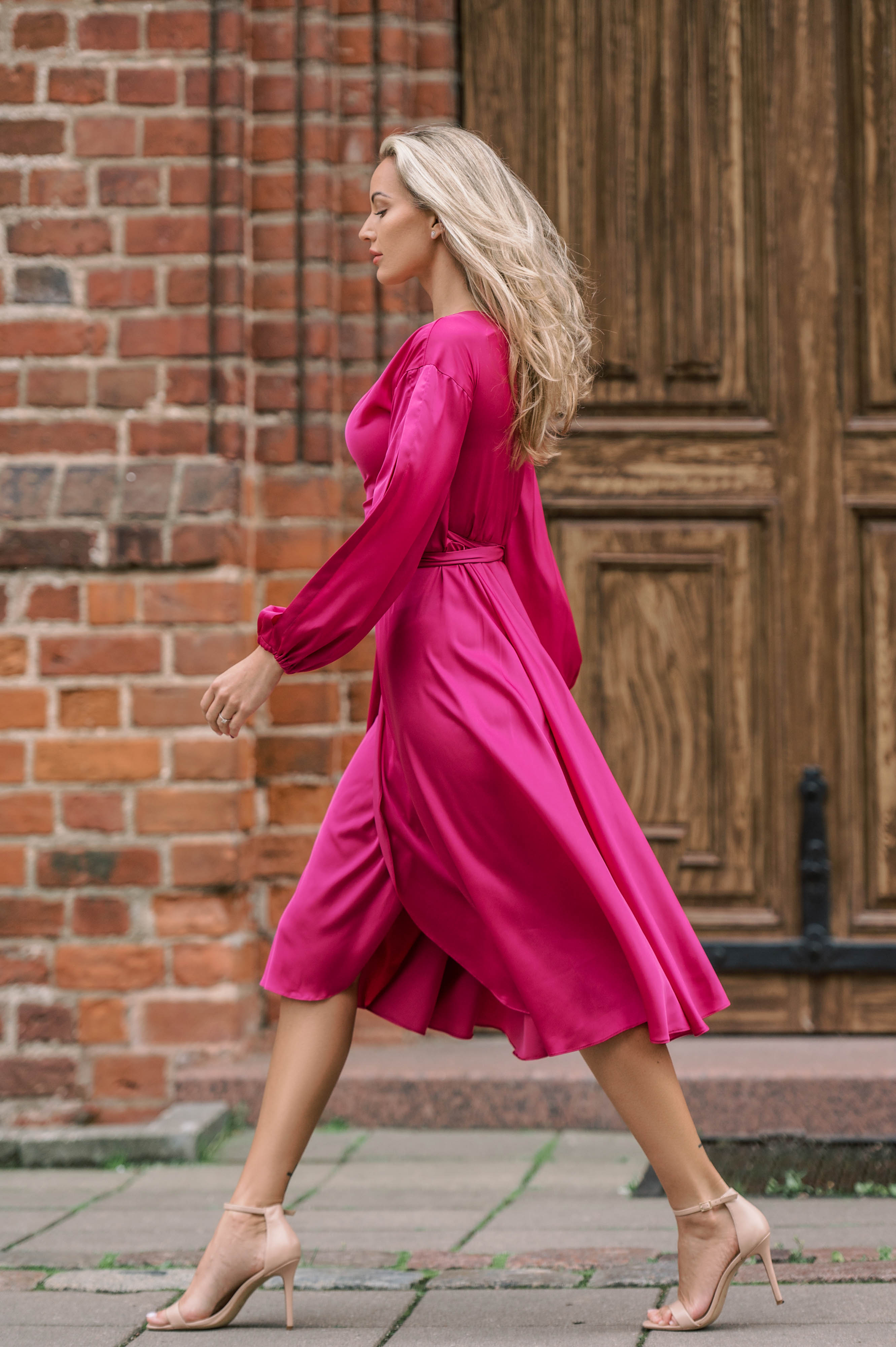 Fucsia silky wrap-over dress "Lille"